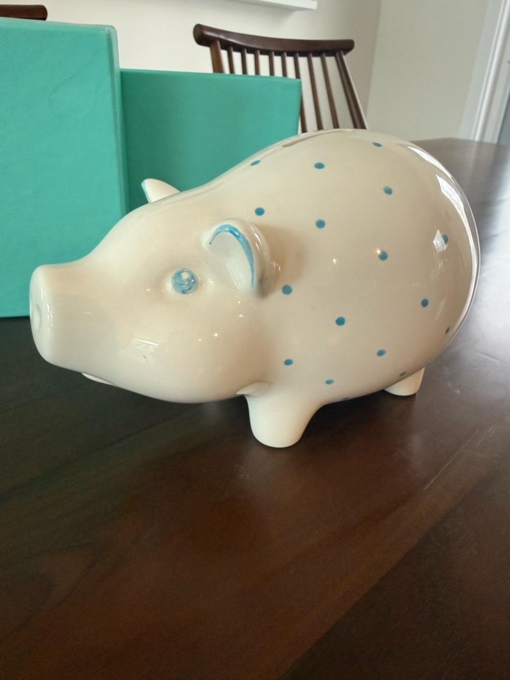 Tiffany & Co. Cream Ceramic Pig Bank with Blue Polka Dots, includes original box